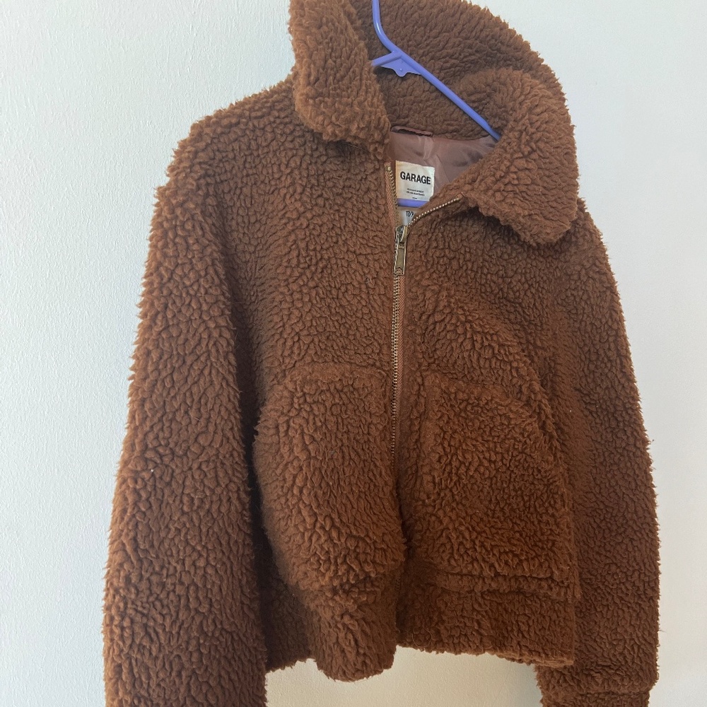 garage brown teddy bear zip up jacket